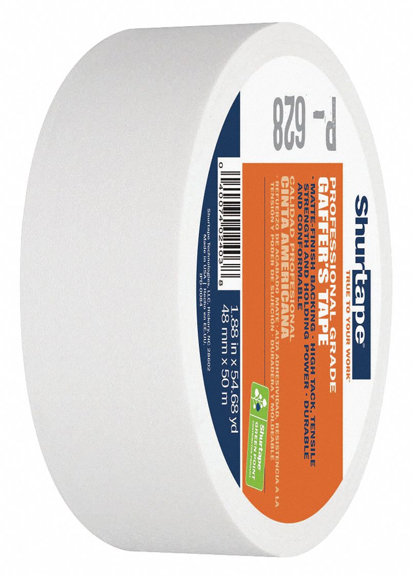 GAFFER'S TAPE, WHITE, 1⅞ IN X 54 YD, 10.75 MIL, VINYL COATED CLOTH BACK, RUBBER ADHESIVE