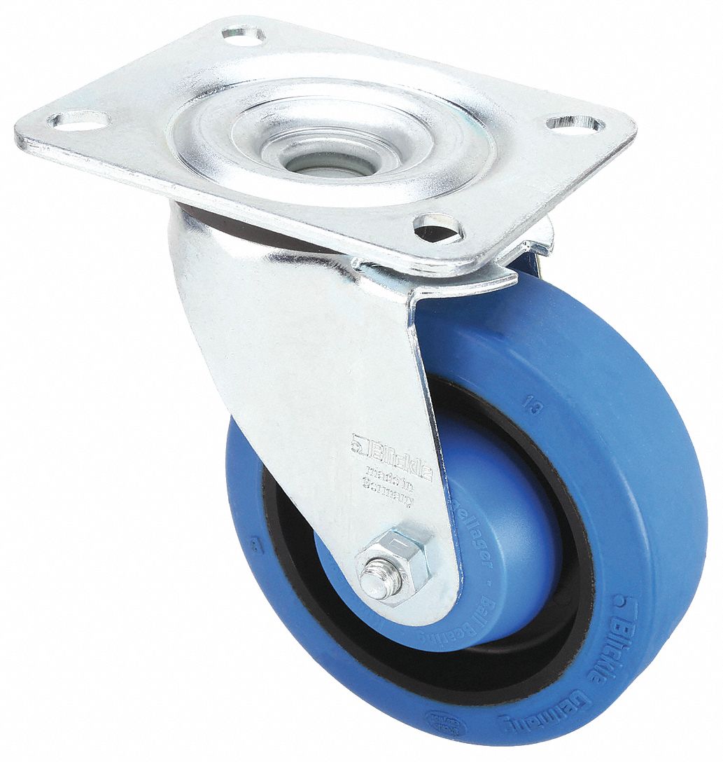 Plate Caster: Swivel, No Brake, Rubber, 4 in Wheel Dia, 1 1/4 in Wheel Wd, Slot