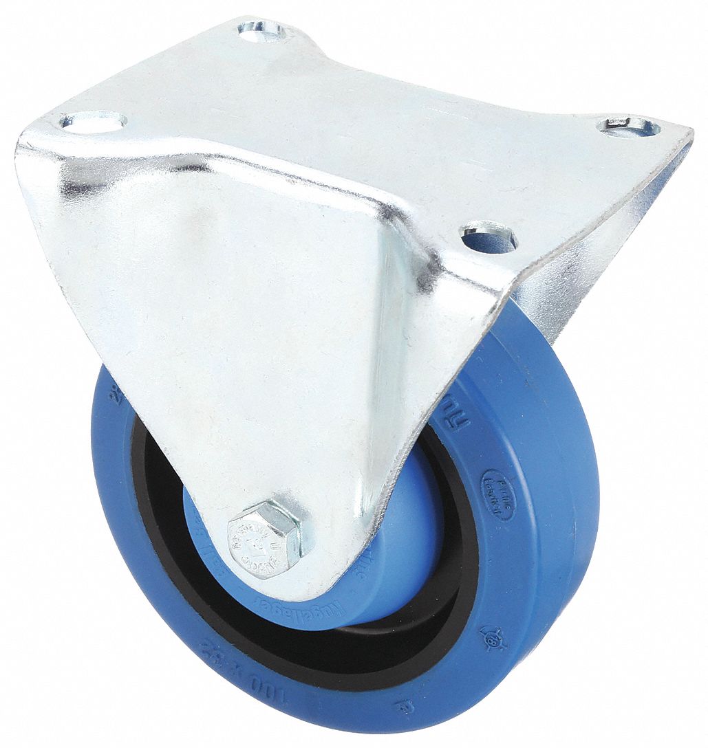 Plate Caster: Rigid, No Brake, Rubber, 4 in Wheel Dia, 1 1/4 in Wheel Wd, Slot, Ball