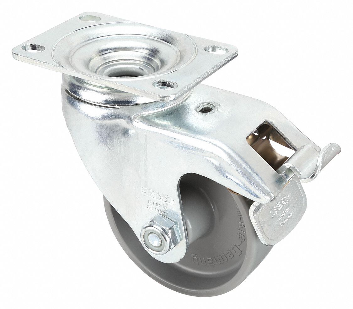 Plate Caster: Swivel, Total Lock, 3 1/2 in Wheel Dia, 1 1/4 in Wheel Wd, Slot, Plain