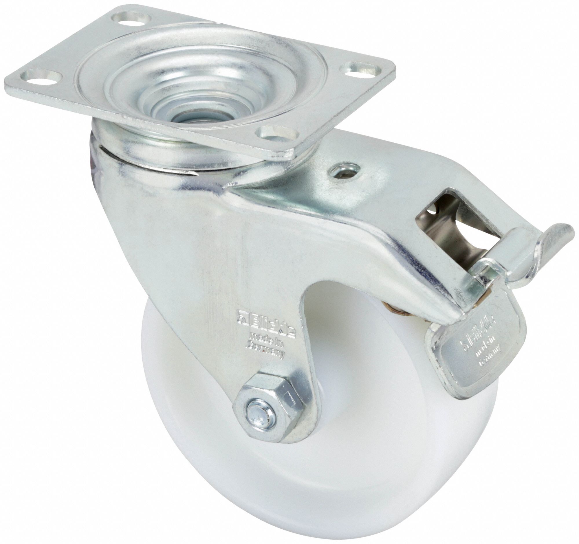 Plate Caster: Swivel, Total Lock, 4 in Wheel Dia, 1 7/16 in Wheel Wd, Slot, Plain