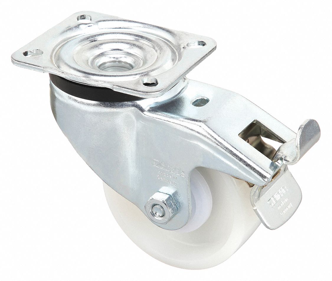 Plate Caster: Swivel, Total Lock, 4 in Wheel Dia, 1 7/16 in Wheel Wd, Slot, Ball