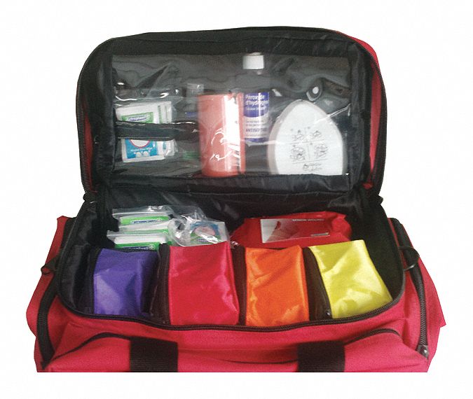 CANADA REGULATORY EMS FIRST AID BAG, GENERAL PURPOSE, 50-PIECE, 100 PEOPLE, RED, CLOTH BAG