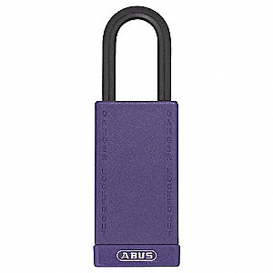 SAFETY PADLOCK,DIFFERENT/NON CONDUCT,PRPL,SHACKLE 3/4 X 1 1/2 X 1/4 IN,BODY 1 1/2 IN W,PLASTIC/STEEL