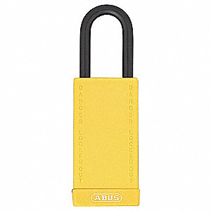 SAFETY PADLOCK,ALIKE/NON CONDUCT,YLW,SHACKLE 3/4 X 1 1/2 X 1/4 IN,BODY 1 1/2 IN W,PLASTIC/STEEL