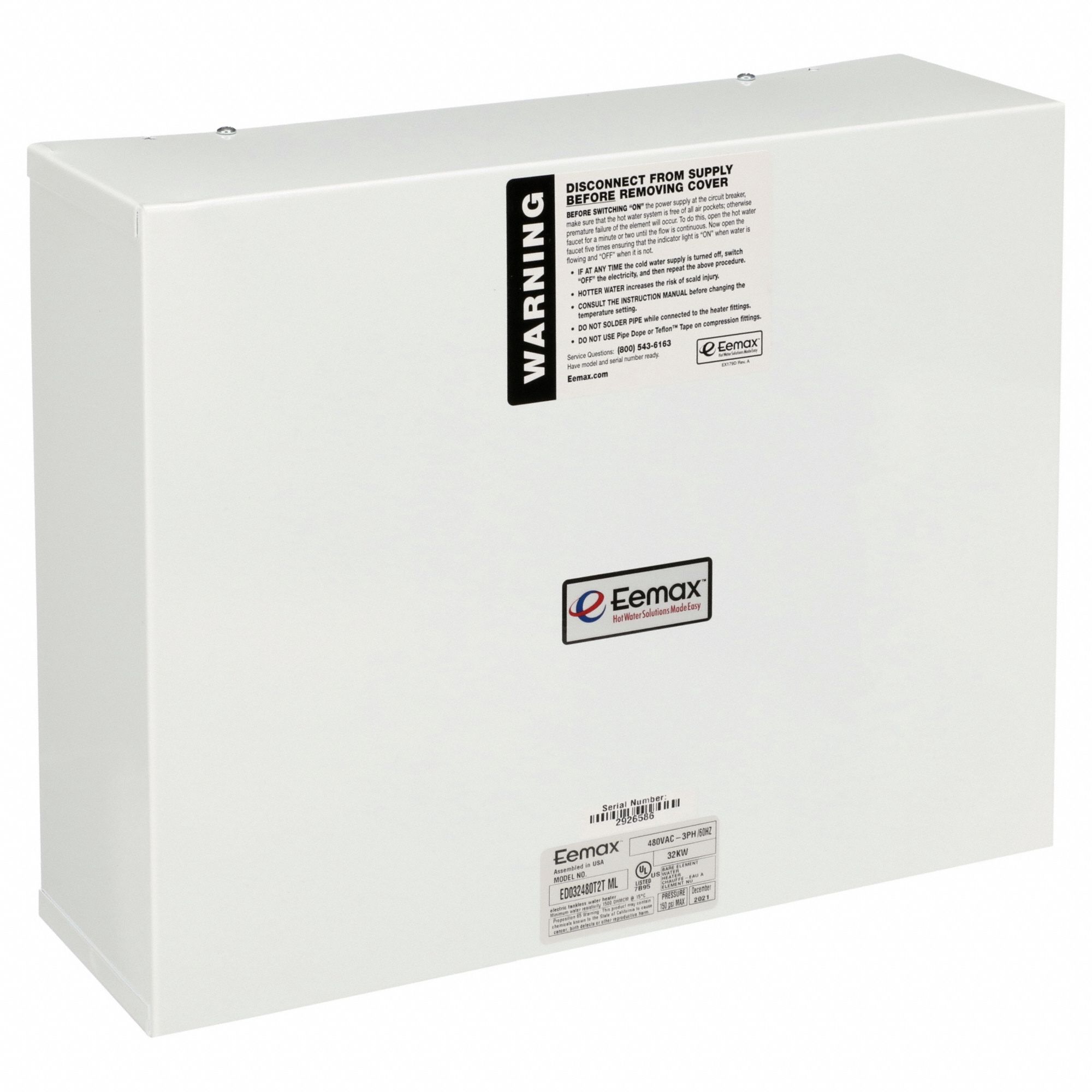 Electric Tankless Water Heater: Indoor, 32, 000 W, 4 gpm Max. Flow Rate, 12.25 in Overall Ht