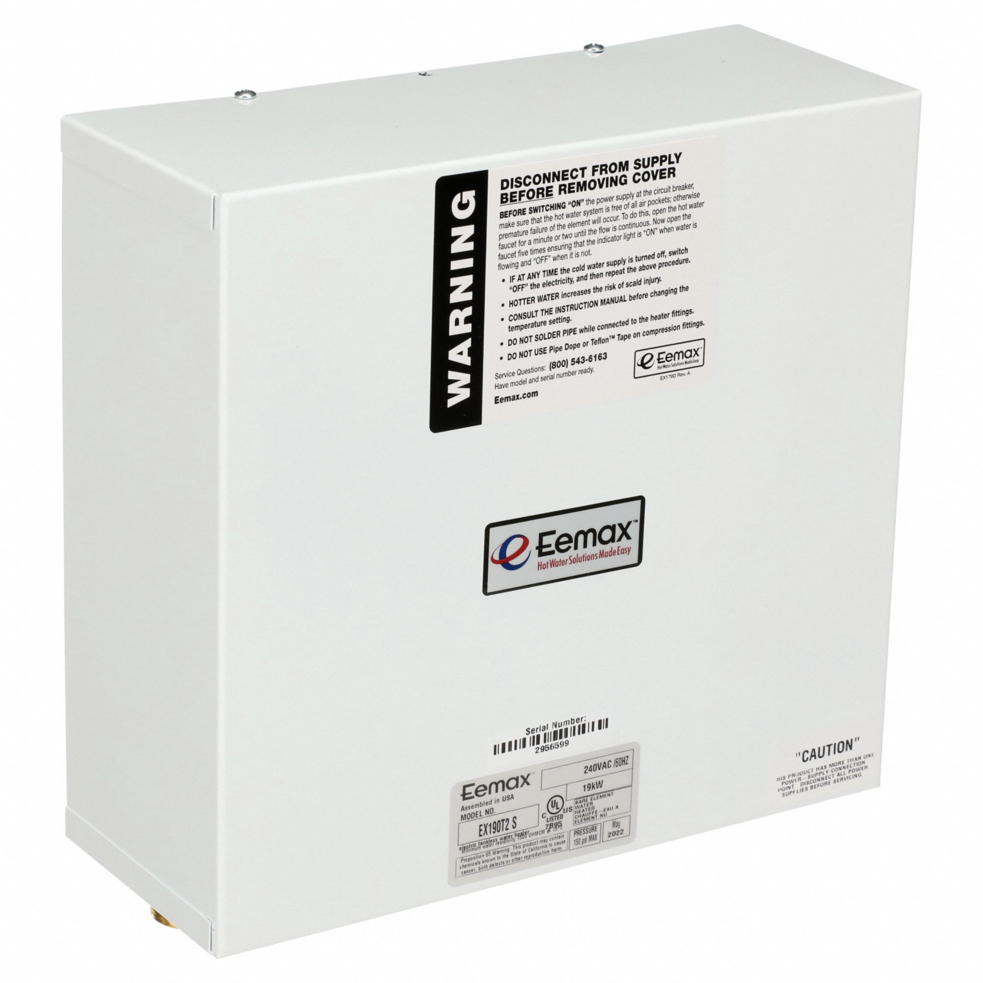 Electric Tankless Water Heater: Indoor, 19, 000 W, 4 gpm Max. Flow Rate, 10.25 in Overall Ht