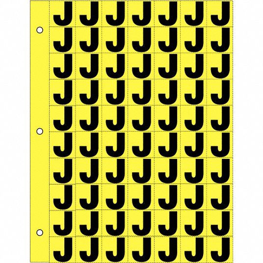Letter Label, J, Black/Yellow, 1 in Character Height, 1 EA - Grainger