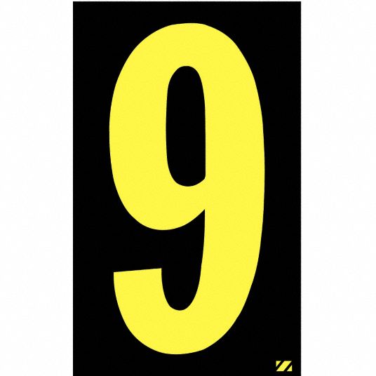 Number Label, 9, Yellow/Black, 2 1/2 in Character Height, 25 PK - Grainger