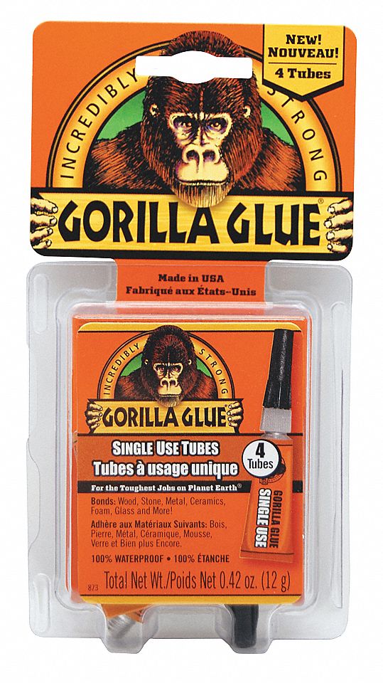 GORILLA GLUE TUBE, SINGLE USE, 24 HR FULL CURE, WATERPROOF, 4000 TO 5000 CPS, BROWN, 12 GRAM, PK 4