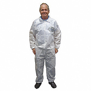 COVERALLS, COLLARED, ELASTIC ANKLES, ZIPPER, BOUND SEAMS, WHITE, SIZE LARGE, BODY FILTER, CASE