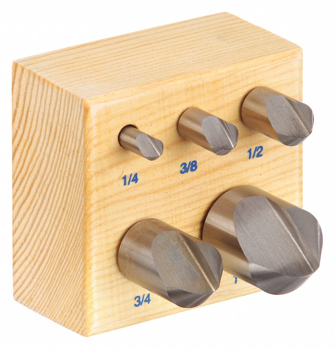 Countersink Set: 82°, 5 Pc, 1/4 in to 1 in, 1 Flute, High Speed Steel