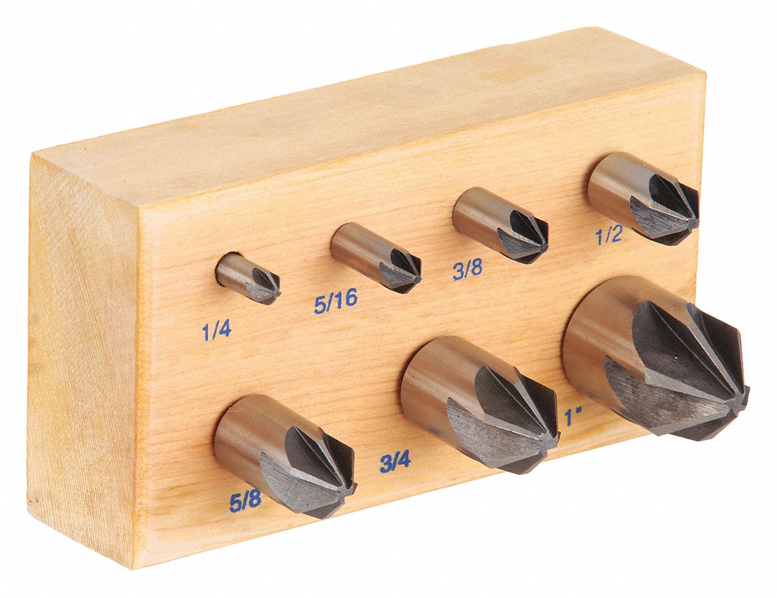 Countersink Set: 82°, 7 Pc, 1/4 in to 1 in, 6 Flute, High Speed Steel