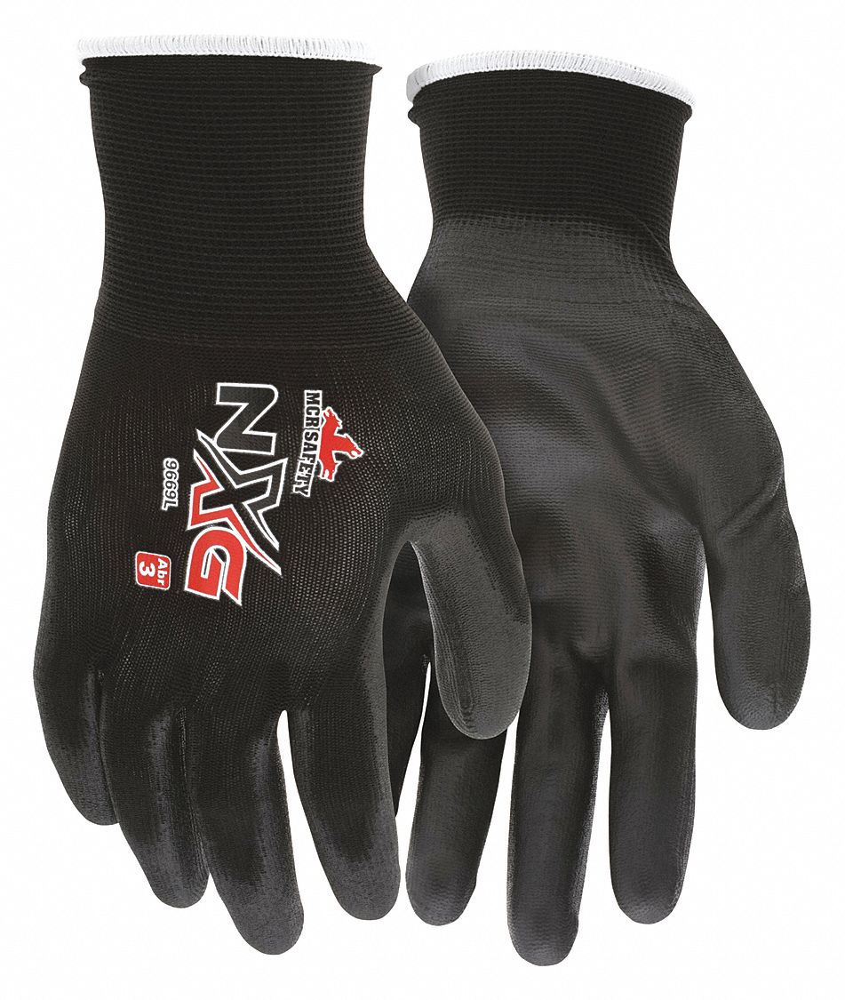 COATED GLOVES, M (8), SMOOTH, PUR, DIPPED PALM, ANSI ABRASION LEVEL 3, BLK, KNIT WRIST