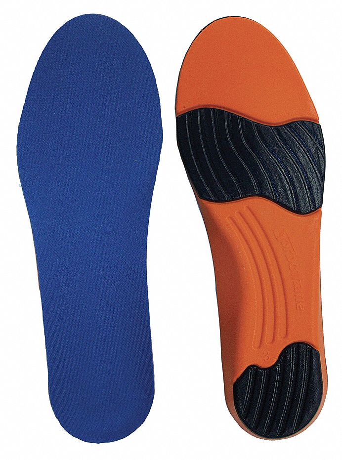 UNISEX ANTI-FATIGUE INSOLES, SZ 8 TO 9/10.5 TO 11.5, SORBOTHANE, ORNG/BL, 9X3X½ IN