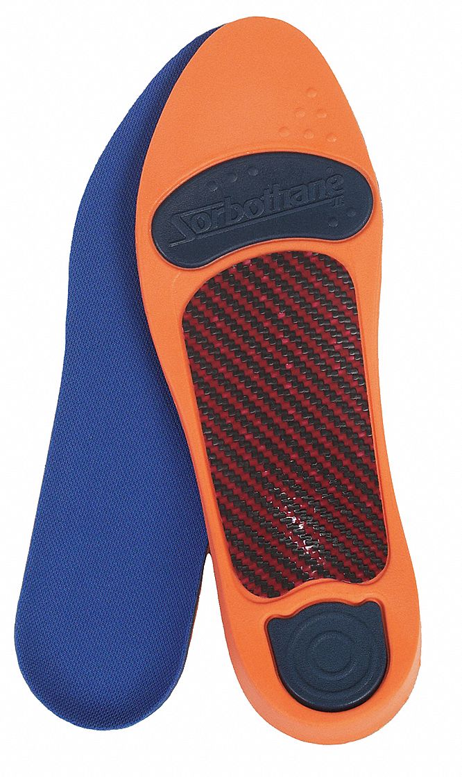 UNISEX, ANTI-FATIGUE INSOLES, SZ 6.5 TO 7.5/9 TO 10, SORBOTHANE, ORNG/BL, 7X3X½ IN