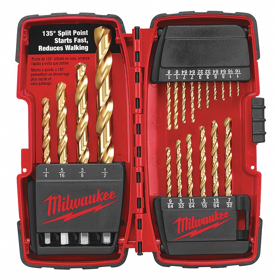 MILWAUKEE Jobber Length Drill Set 1/2 in Smallest Drill Bit Size, 1/16