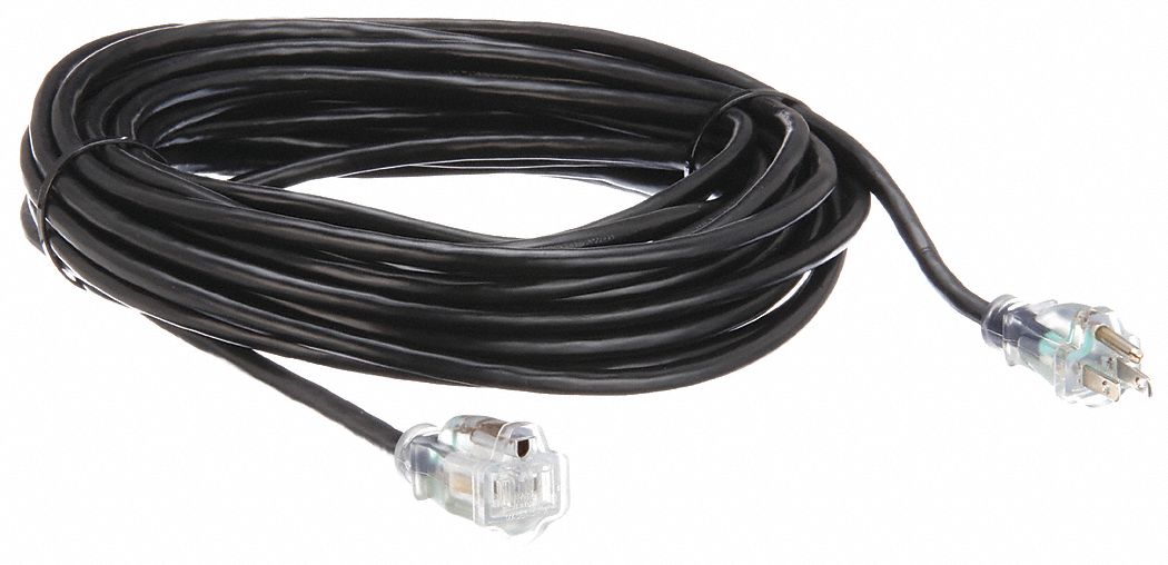 Lighted Extension Cord: 50 ft Cord Lg, 16 AWG Wire Size, 16/3, SJTW, NEMA 5-15P