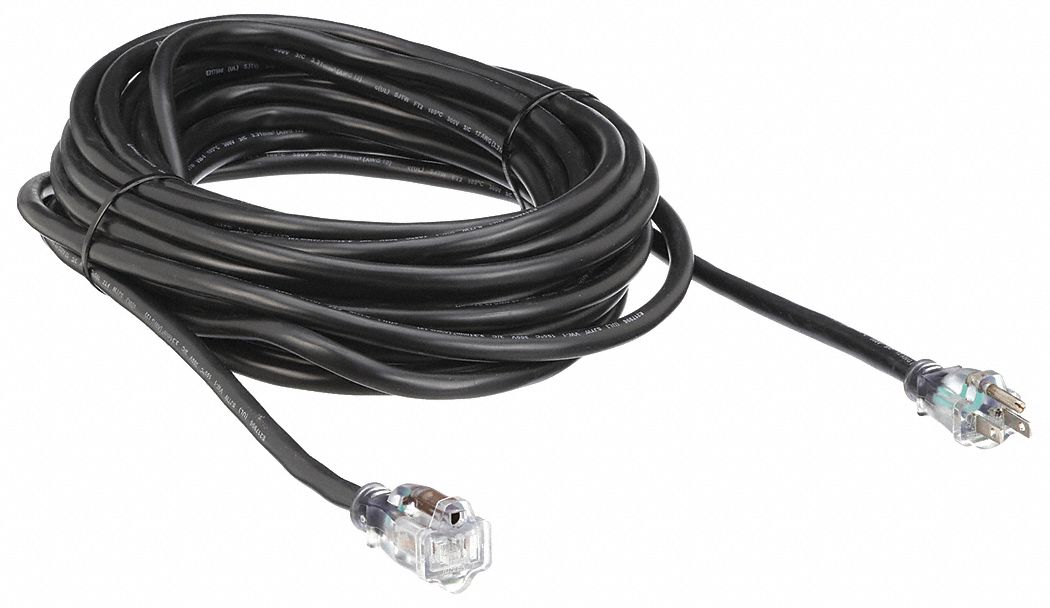 Lighted Extension Cord: 100 ft Cord Lg, 12 AWG Wire Size, 12/3, SJTW, NEMA 5-15P