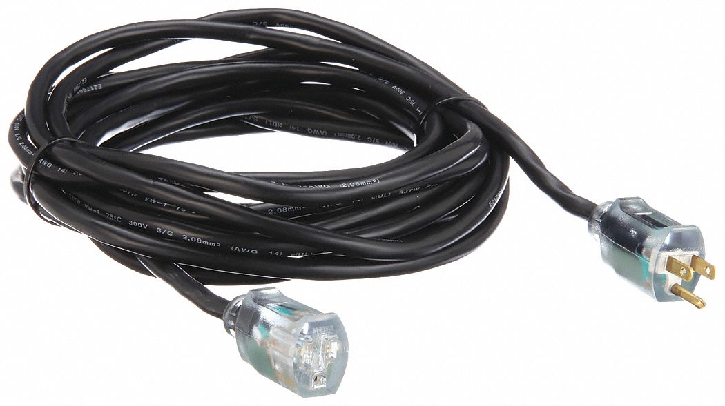 POWER FIRST Lighted Extension Cord: 25 ft Cord Lg, 14 AWG Wire Size, 14/3,  SJTW, NEMA 5-15P, Black