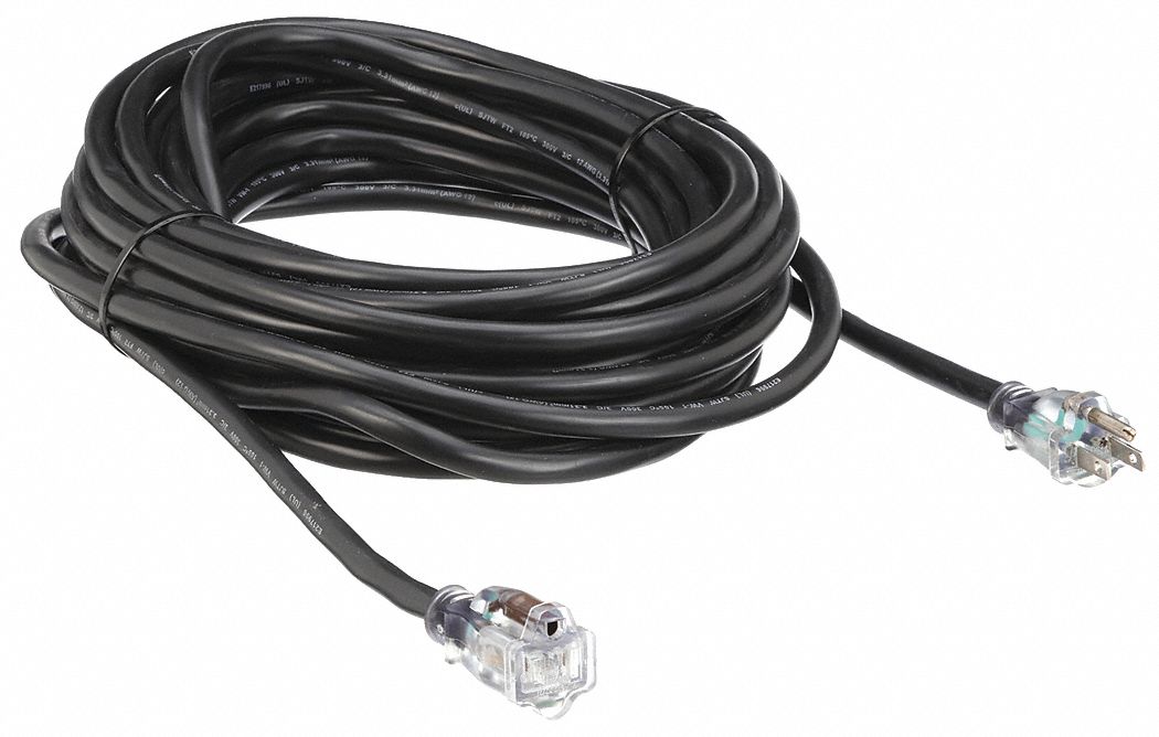 LIGHTED EXTENSION CORD, 50 FT CORD, 12 AWG WIRE SIZE, 12/3, SJTW, NEMA 5-15P, BLACK