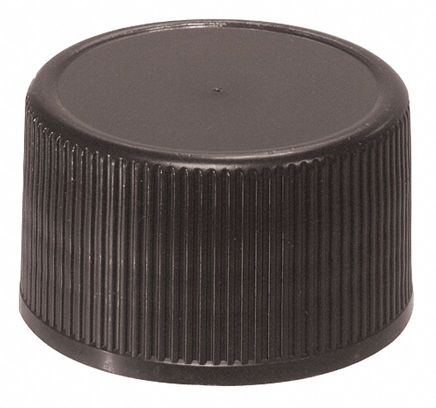 Cap: 8 mm Dia, Black, Polypropylene, Unlined, 8-425 mm Screw Closure Size, Narrow Mouth Size