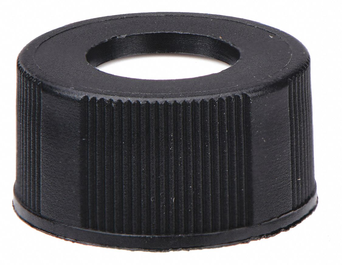 Cap: 9 mm Dia, Black, Polypropylene, PTFE/Silicone, 9 mm Screw Closure Size, Septa Included