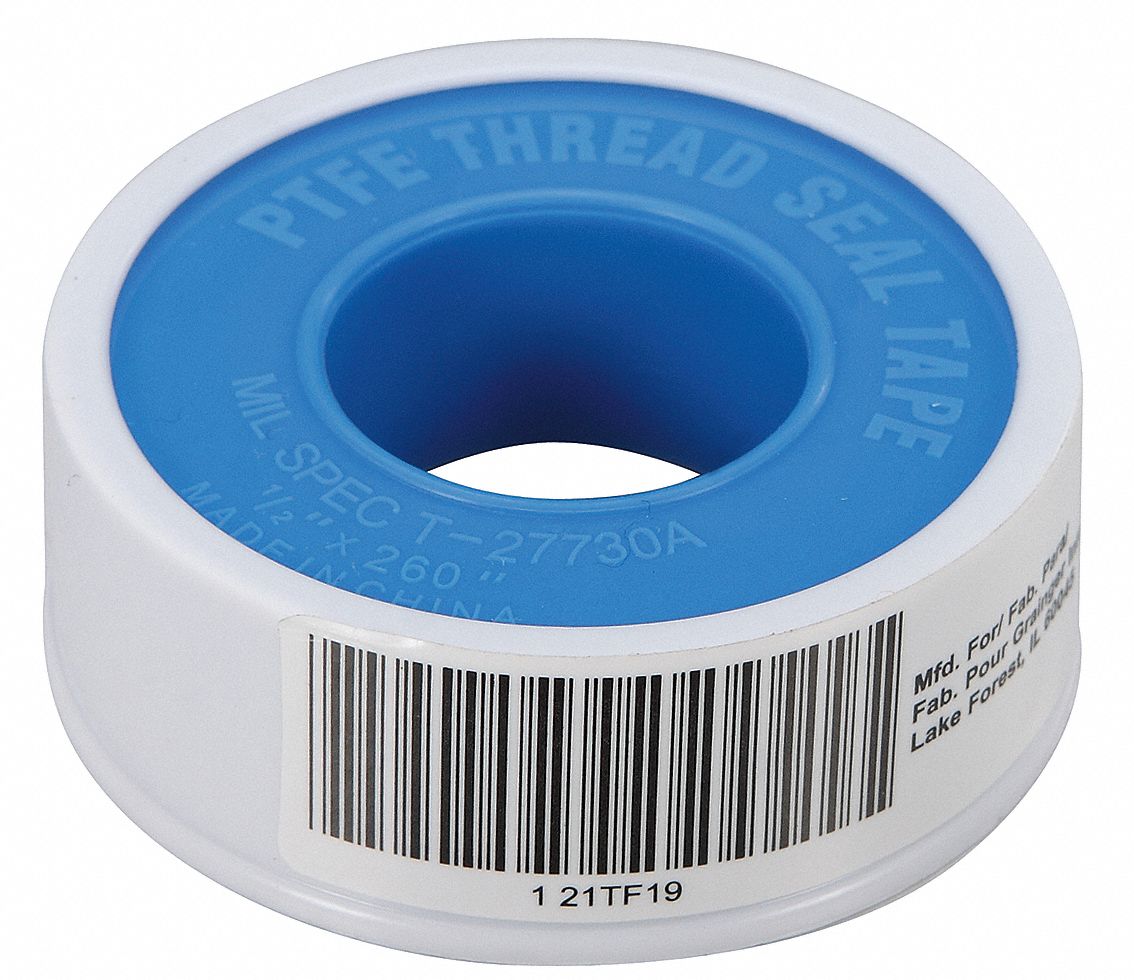 Thread Sealant Tape: PTFE, 0.35 to 0.5sg, 1/2 in Wd, 260 in Lg, White