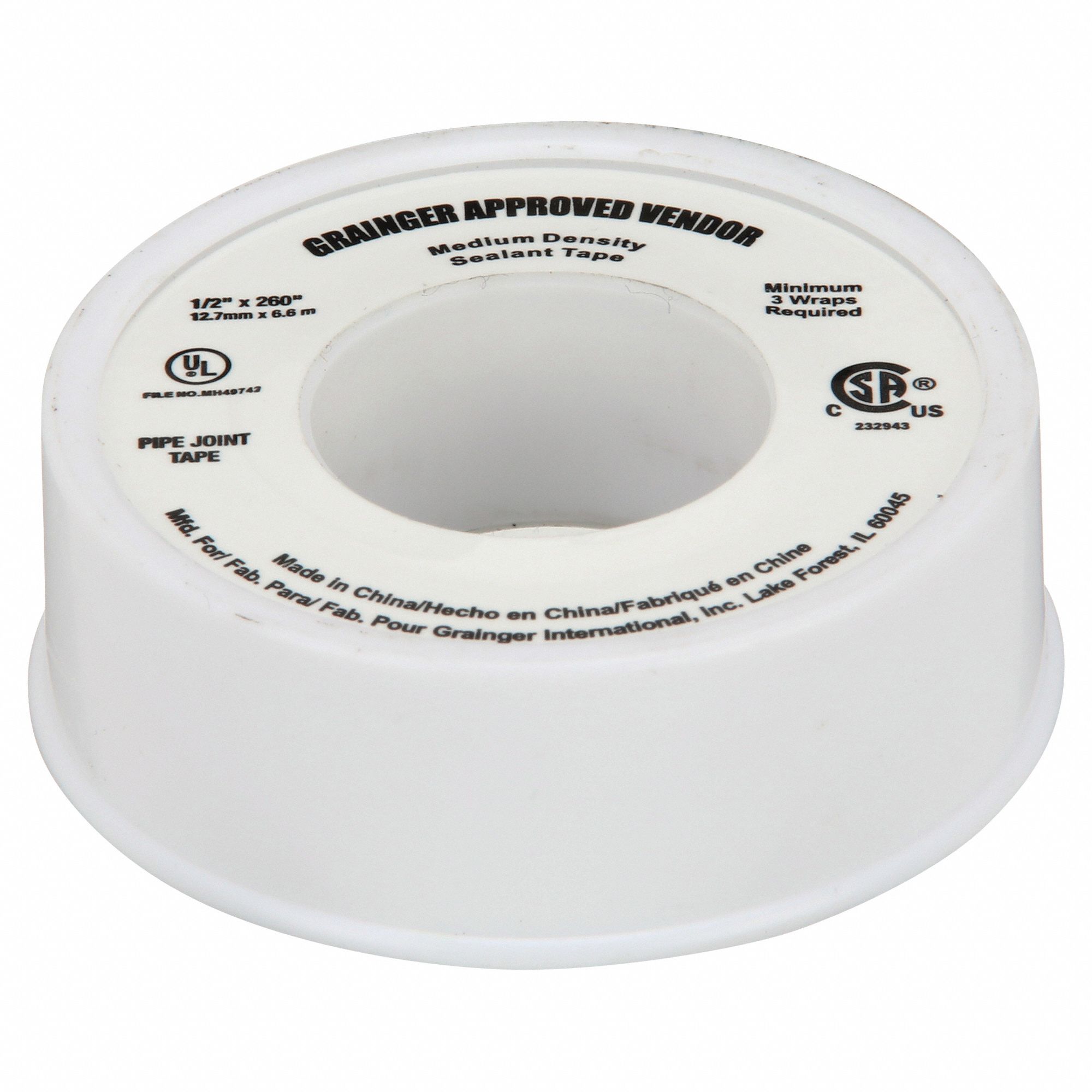 APPROVED VENDOR Thread Sealant Tape: Med Density, 1/2 in x 21 ft, White