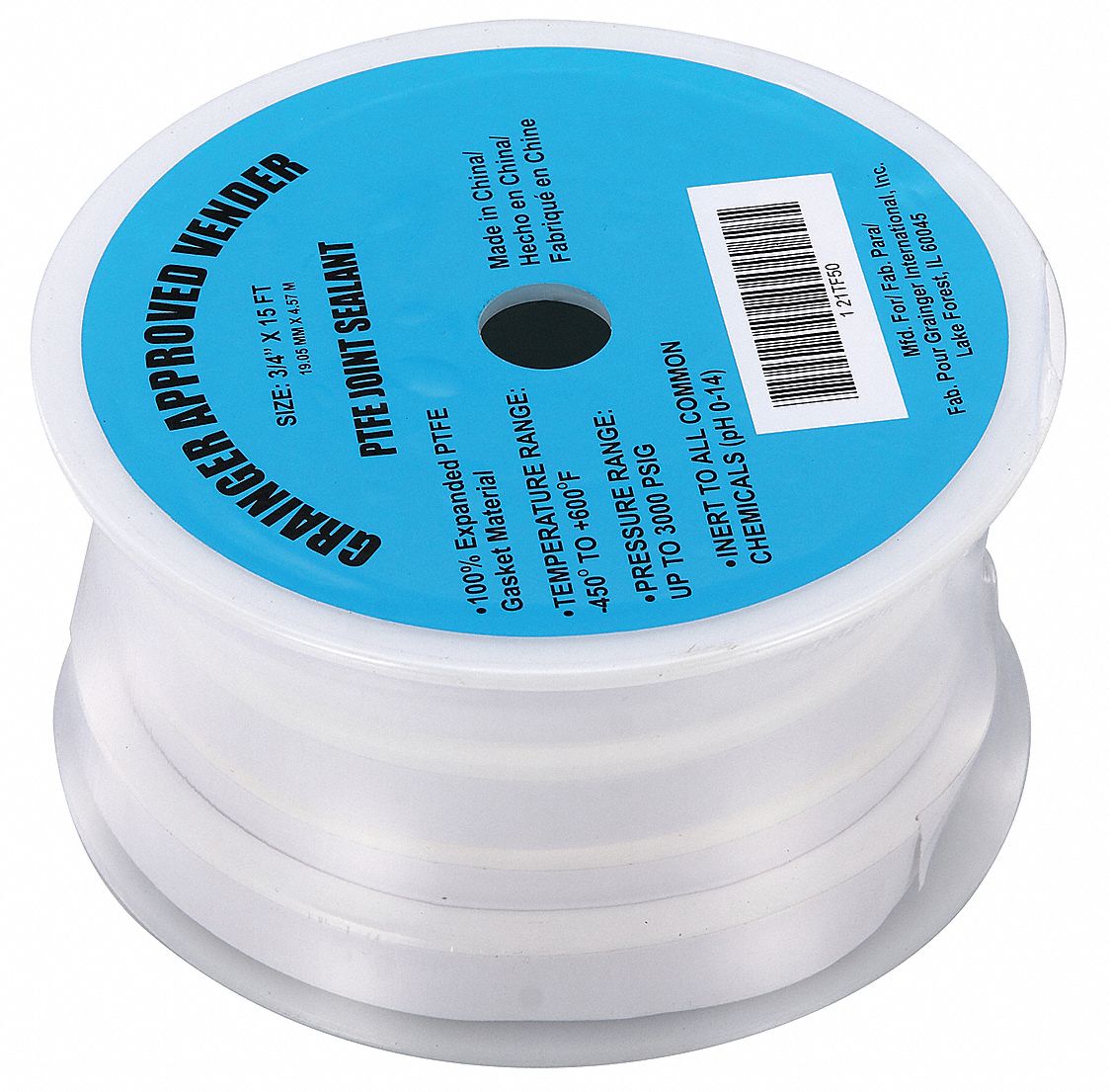 GRAINGER APPROVED Joint Sealant Tape, PTFE, 3/4 in Width, 180 in Length, White Color 21TF50