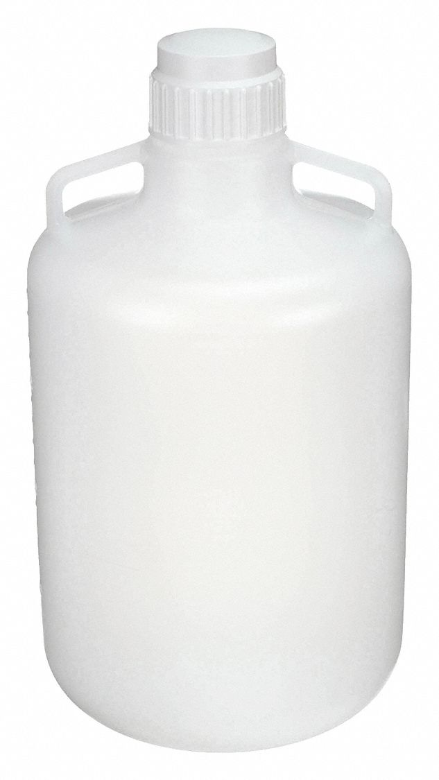 Carboy: 1 L Capacity - mL, 2.64 gal Capacity - oz, Screw On, LDPE, Integral Shoulder Handle, White