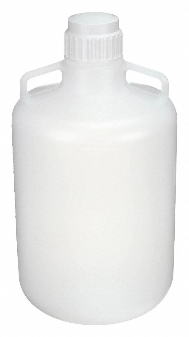 Carboy: 1 L Capacity - mL, 2.64 gal Capacity - oz, Screw On, Polypropylene, Integral Shoulder Handle