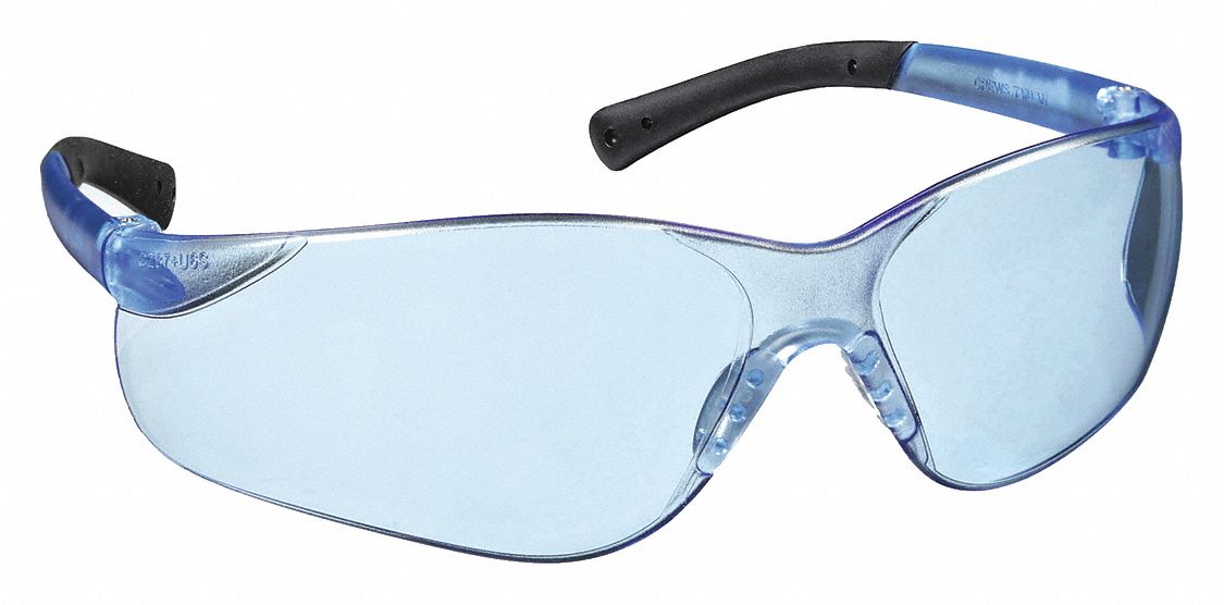 Safety Glasses: Light Blue Lens, Frameless, Scratch-Resistant, Blue Frame, BK3 Series