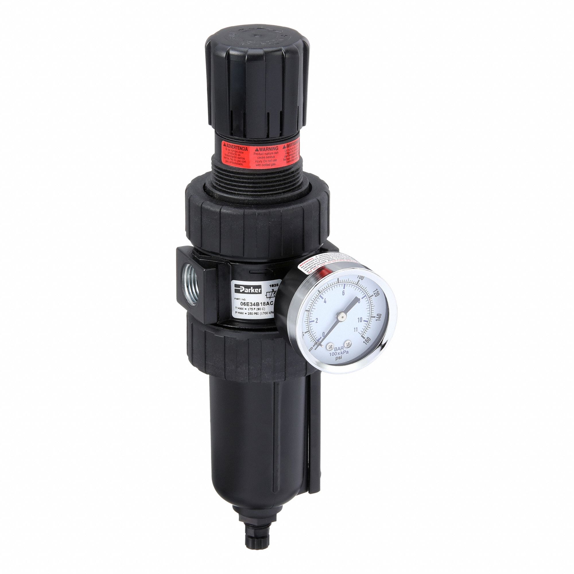 Filter-Regulator: 06E Series, 1/2 in NPT, 61 cfm, 5 micron, 125 psi Max Op Pressure, Zinc