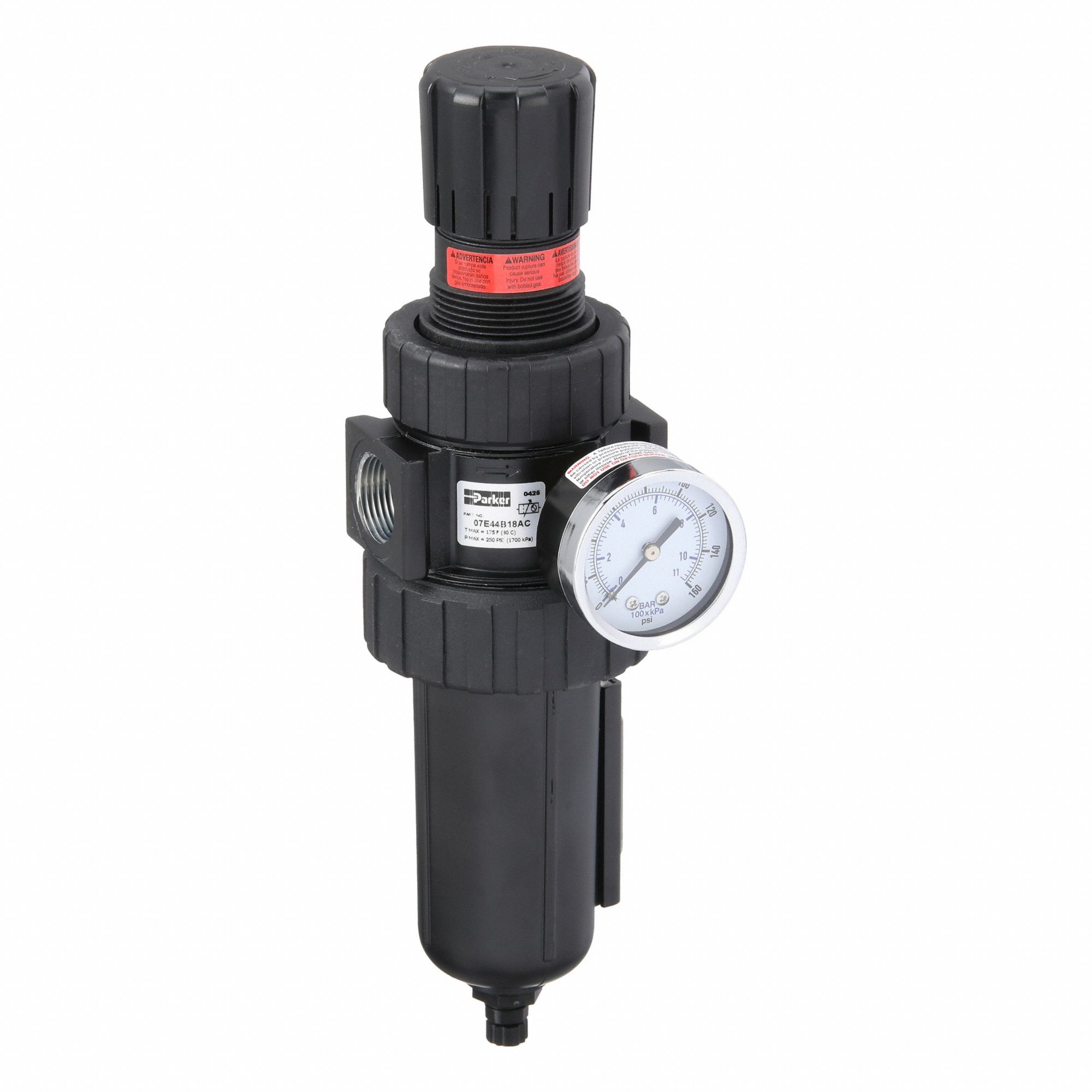 Filter-Regulator: 07E Series, 3/4 in NPT, 90 cfm, 5 micron, 125 psi Max Op Pressure, Zinc