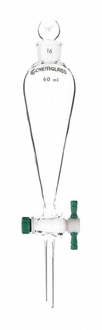 Separatory Funnel: Glass, 16.9 fl oz Capacity - oz, 500 mL Capacity - mL, Glass, Borosilicate Glass