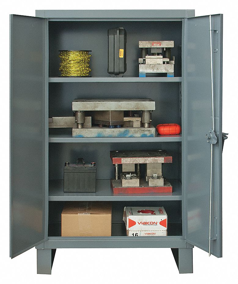 STORAGE CABINET, WITH LEGS/PADLOCK HASP, 3 SHELVES, GREY, 36 X 60 X 24 IN