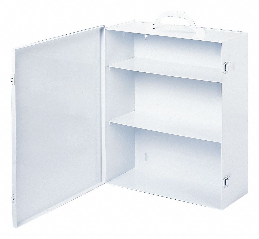 FIRST AID CABINET, INDUSTRIAL, 3 SHELVES, WHITE, 15 X 5 9/16 X 16 5/32 IN, STEEL