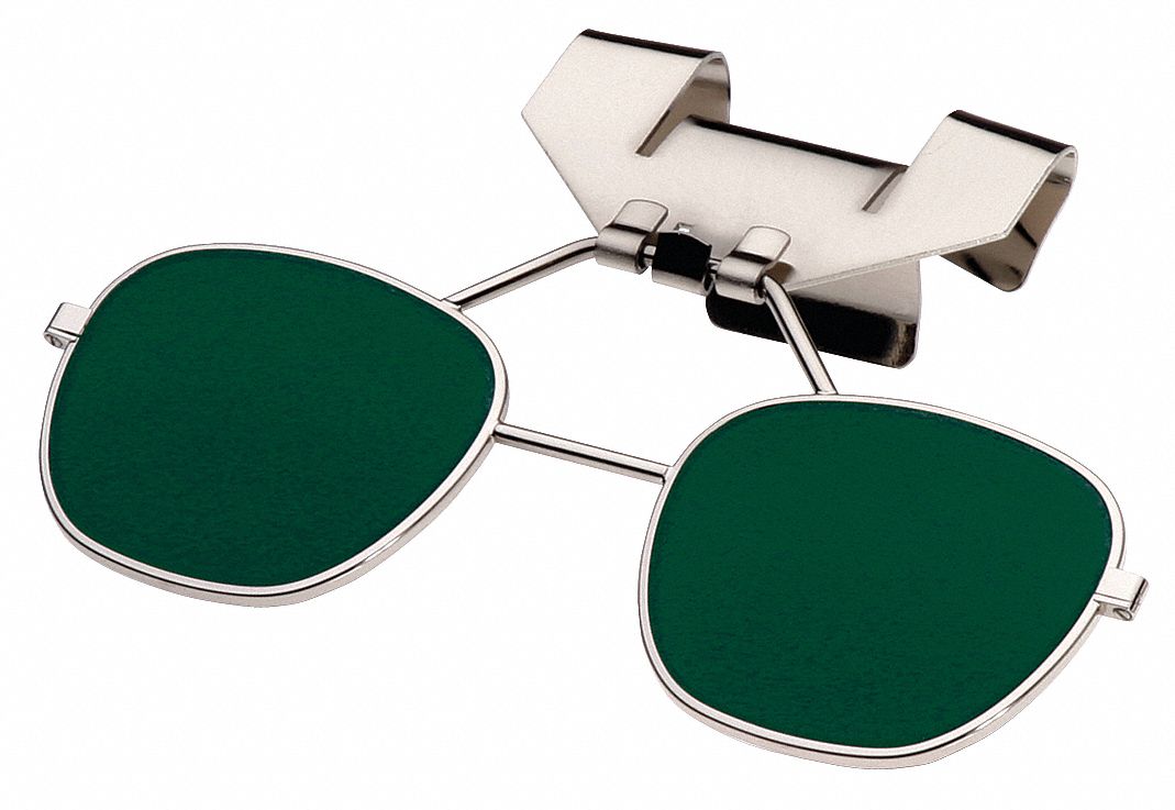 Clip-On Eyewear: Green Lens Color, Scratch-Resistant, Clip-On Mounting, Silver Frame Color