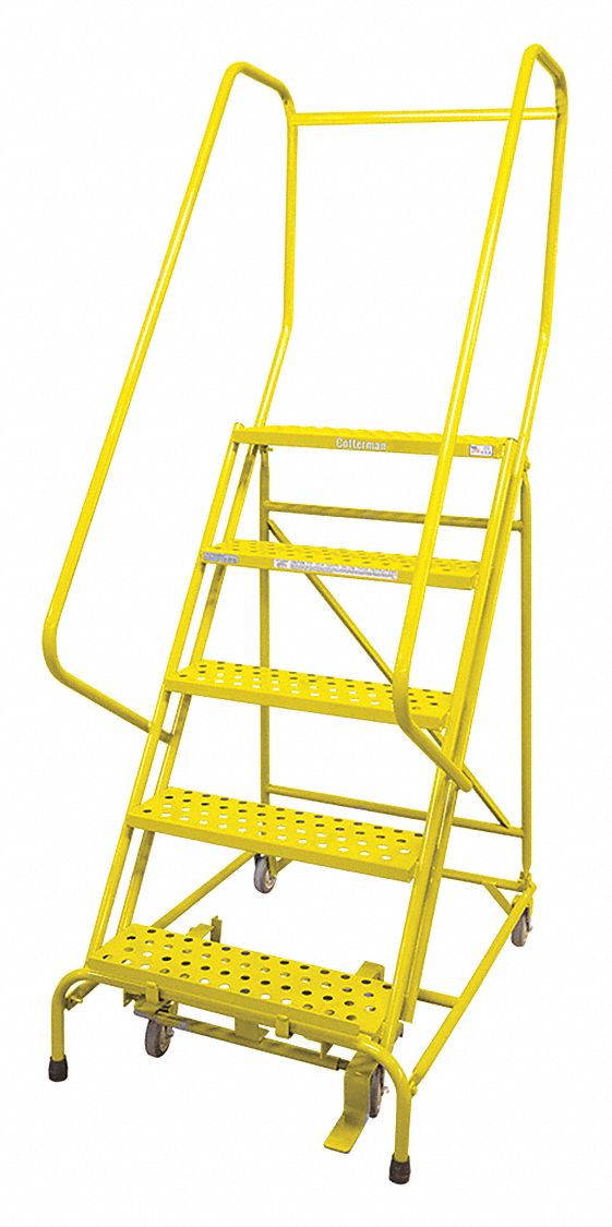 Rolling Ladder: 4.2 ft Platform Ht, Assembled, Steel, Manual Lock, Perforated