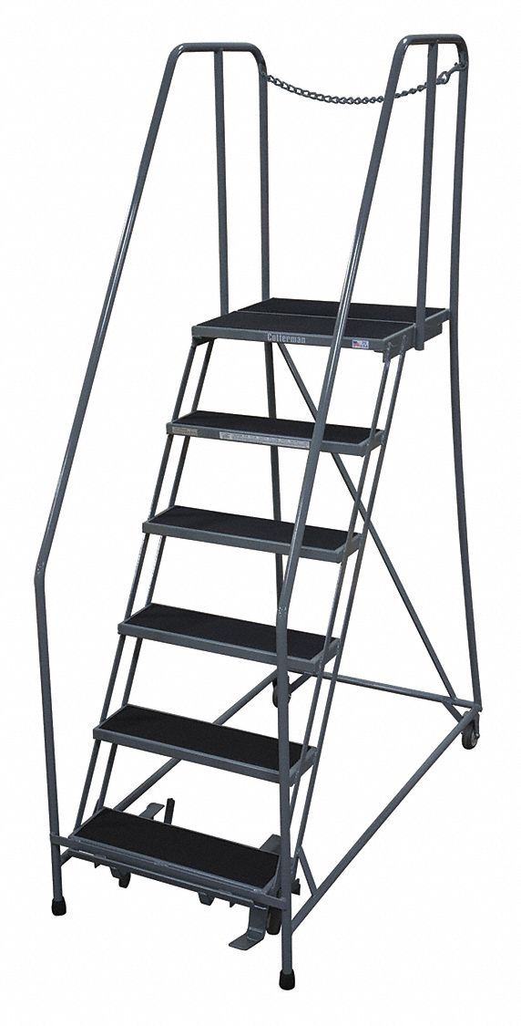 Rolling Ladder: 5 ft Platform Ht, Assembled, Steel, Manual Lock, Antislip, 30 in x 46 in