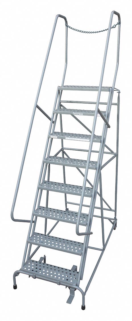 Rolling Ladder: 6.7 ft Platform Ht, Assembled, Steel, Manual Lock, Perforated