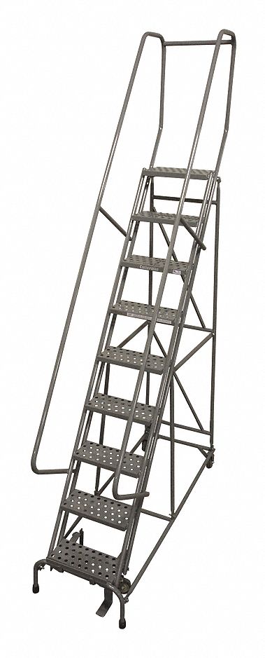 Rolling Ladder: 7.5 ft Platform Ht, Assembled, Steel, Foot-Activated Step Lock, Antislip