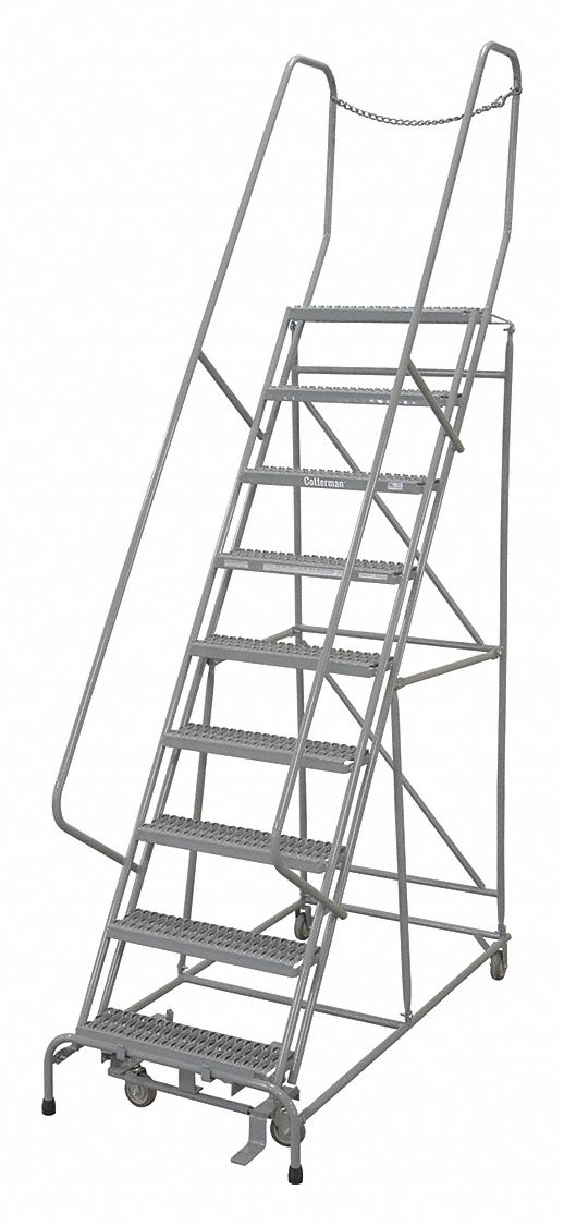 Rolling Ladder: 7.5 ft Platform Ht, Assembled, Steel, Manual Lock, Serrated, 32 in x 67 in