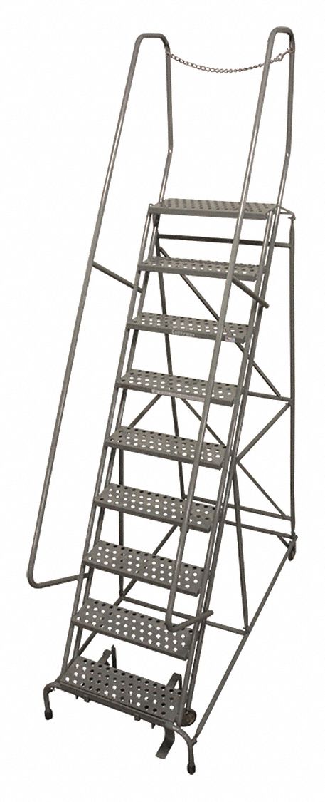Rolling Ladder: 7.5 ft Platform Ht, Assembled, Steel, Manual Lock, Perforated