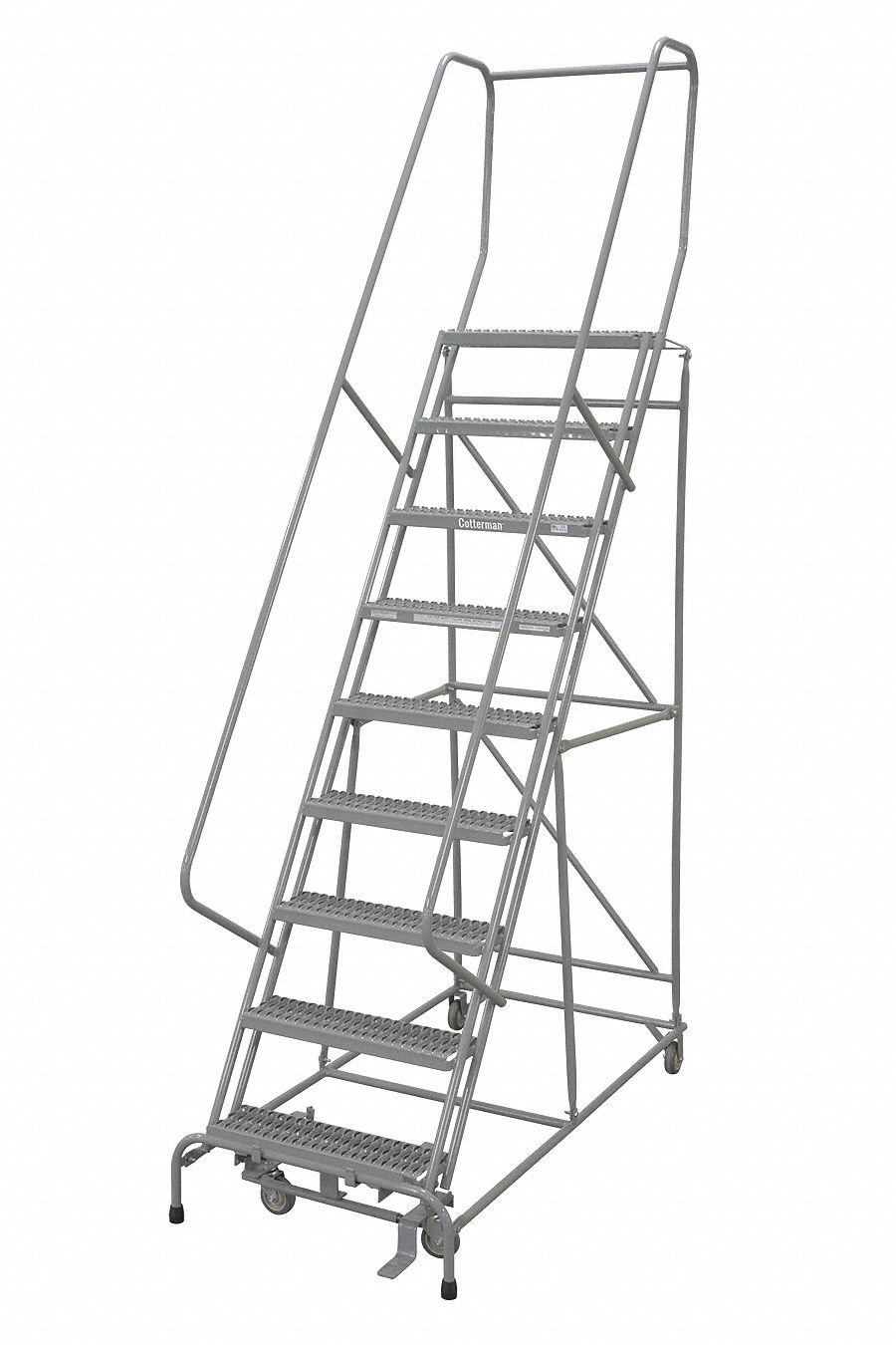 Rolling Ladder: 7.5 ft Platform Ht, Assembled, Steel, Manual Lock, Serrated, 32 in x 67 in