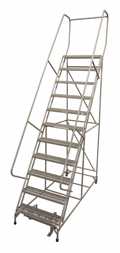Rolling Ladder: 9.2 ft Platform Ht, Assembled, Steel, Foot-Activated Step Lock, Serrated