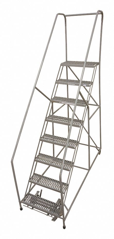 Rolling Ladder: 6.7 ft Platform Ht, Assembled, Steel, Manual Lock, Expanded Metal