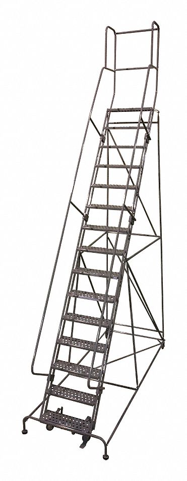 Rolling Ladder: 12.5 ft Platform Ht, Partially Assembled, Steel, Manual Lock, Perforated