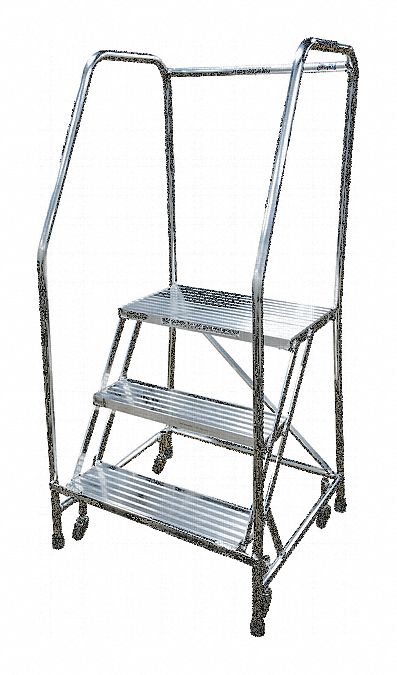 Rolling Ladder: 2.5 ft Platform Ht, Assembled, Aluminum, Wt-Actuated, Ribbed